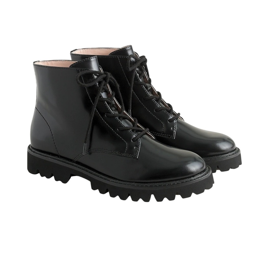 J.Crew Black Leather Lug-Sole Lace-Up Boots Women's‎ Size 7